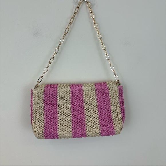 Shiraleah Pink and Cream Striped Sandy Paper Straw Shoulder Bag Chain Strap - Picture 7 of 7